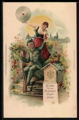 Lithographie Dresden, XIII. Deutsches Bundesschiessen, hübsche Frau mit Schiessscheibe