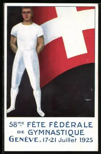 Künstler-AK Geneve, 58. Fete Fédérale de Gymnastique 1925, Turner vor Schweizer Fahne