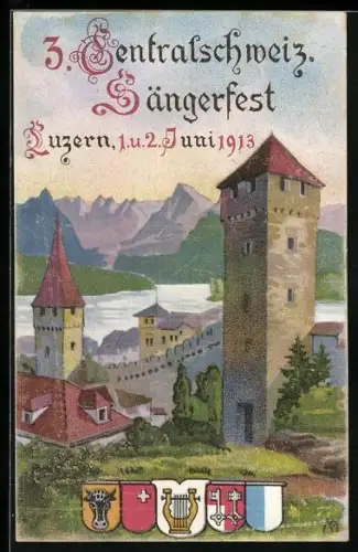 AK Luzern, 3. Zentralschweiz. Sängerfest, 1. u. 2. Juni 1913, Wappen