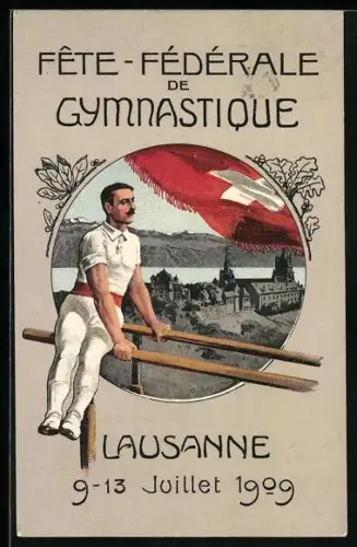 Künstler-AK Lausanne, Fête fédérale de Gymnastique 1909, Turner am Barren vor Ortspartie