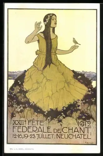 Künstler-AK XXIIe Fête Federale de Chant Neuchatel 1912, Singende Dame mit Vogel auf einem Felsen, Sängerfest