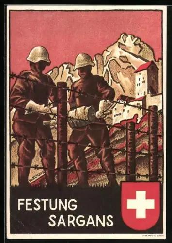 Künstler-AK Sargans, Festung, Soldaten mit Stahlhelmen am Stacheldrahtzaun