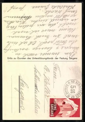Künstler-AK Sargans, Festung, Soldaten mit Stahlhelmen am Stacheldrahtzaun