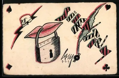 Künstler-AK Handgemalt sign. Camellini: Futurismus, Totenkopf, Schloss, abstrakte Formen