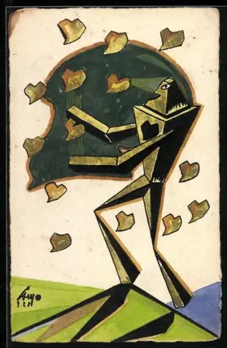 Künstler-AK Handgemalt sign. Camellini: Futurismus, Roboter und Totenschädel