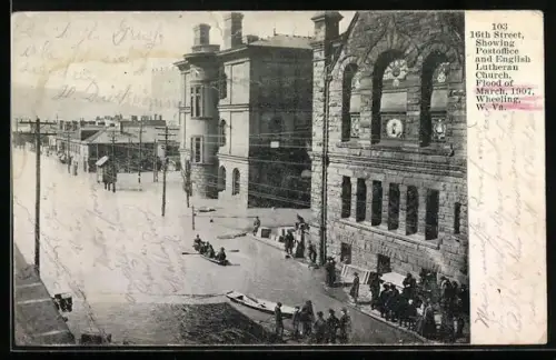 AK Wheeling, WV, 16th Street, showing Postoffice and English Lutheran Church, Flood March 1907, Hochwasser