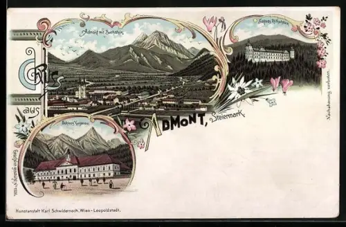 Lithographie Admont, Schloss Röthelstein, Schloss Kaiserau, Ortsansicht mit Buchstein