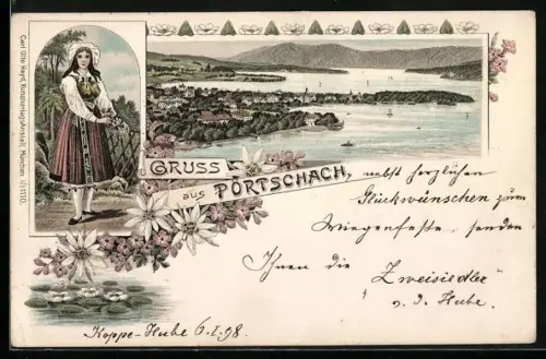 Lithographie Pörtschach, Totalansicht, Frau in Tracht