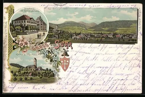 Lithographie Suhr, Schulhaus & Gemeindehaus, Kirche & Pfarrhaus