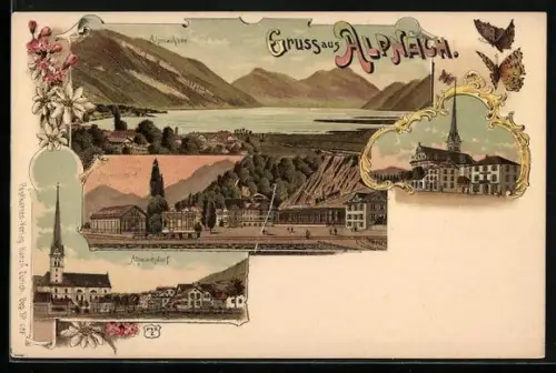 Lithographie Alpnach, Kirche im Ortsbild, Teilansicht vom Ort, Panorama