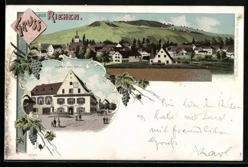 Lithographie Riehen, Gasthof zum Ochsen, Totalansicht