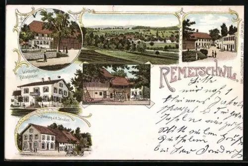 Lithographie Remetschwil, Wirtschaft Rütishauser, Handlung A. Zeindler, Ortsansicht