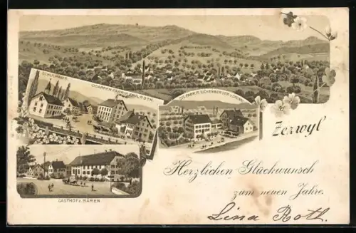 Lithographie Zetzwil, Gasthof z. Bären, Cigarrenfabrik Emil Roth, Schulhaus