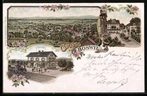 Lithographie Boswil, Bahnhof, Ortsansicht aus der Vogelschau