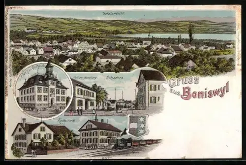 Lithographie Boniswil, Bahnhof, Handlung Holliger, Kochschule, Neues Schulhaus