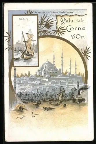 Lithographie Istanbul, Corne d`Or, Le Port, Mosquée du Sultan Suleiman