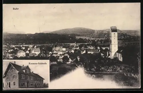 AK Suhr, Konsum-Handlung, Ortspanorama mit Kirchturm