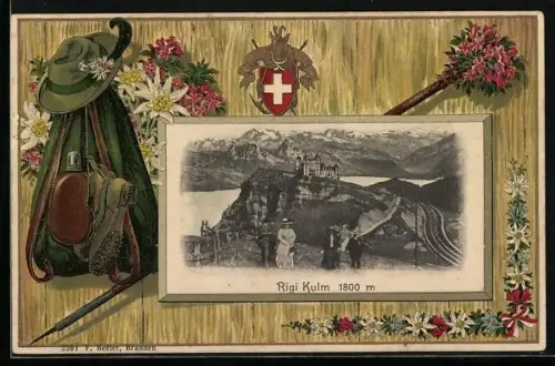 Passepartout-Lithographie Rigi Kulm, Ortsansicht, Wanderrucksack, Hut, Stock, Edelweiss
