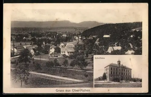 AK Ober-Muhen, Schulhaus, Ortsansicht mit Bergpanorama