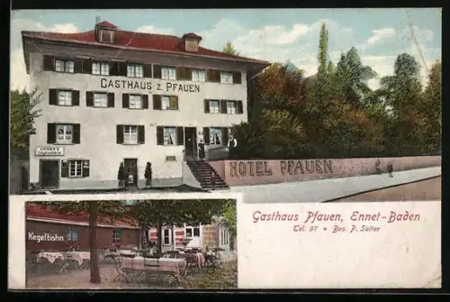 AK Ennet-Baden, Gasthaus Pfauen, Inh. P. Seiter, Kegelbahn