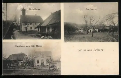 AK Scherz, Handlung von Otto Meyer, Schulhaus, Dorfpartie