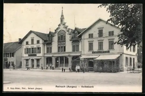 AK Reinach /Aargau, Volksbank und Cafe zur Waag