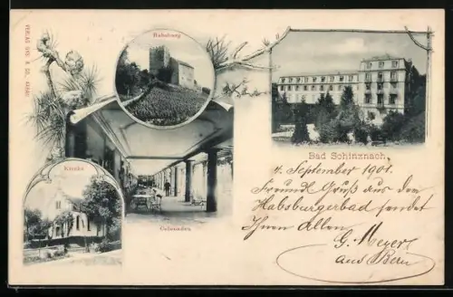 AK Bad Schinznach, Kurhaus, Kolonaden, Kirche, Habsburg