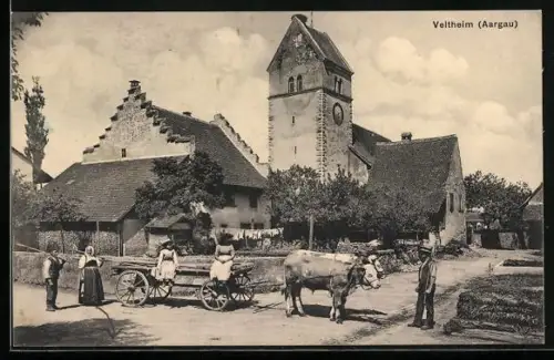 AK Veltheim /Aargau, Ochsenkarren vor der Kirche