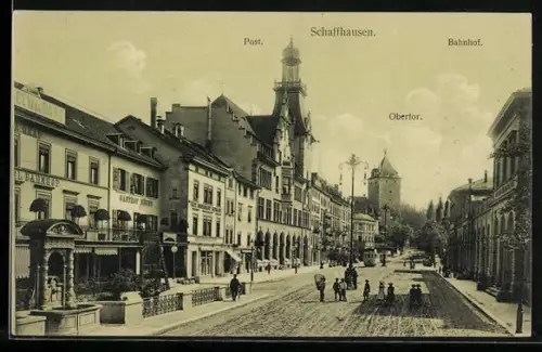 AK Schaffhausen, Bahnhof, Post, Obertor, Gasthof Rüden, Strassenbahn