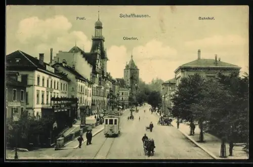 AK Schaffhausen, Post, Obertor, Bahnhof, Strassenbahn