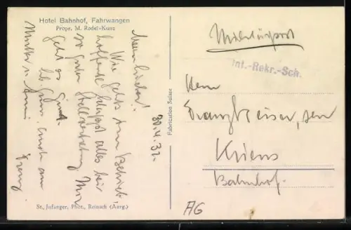 AK Fahrwangen, Hotel Bahnhof, Propr. M. Rodel-Kunz