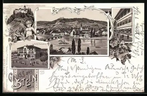 Lithographie Stein am Rhein, Hotel Bahnhof, Schloss Hohenklingen, Buchdruckerei v. F. Büzberger