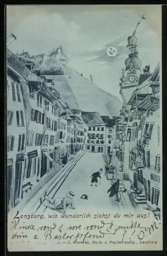 Wirtshaus-AK Lenzburg, Ortspartie aus der Sicht eines Betrunkenen