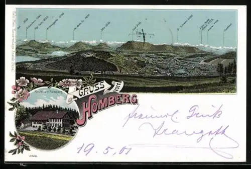 Lithographie Reinach /AG, Gruss vom Homberg, Restaurant, Ortsansicht mit Pilatus