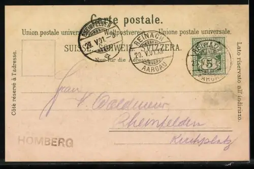 Lithographie Reinach /AG, Gruss vom Homberg, Restaurant, Ortsansicht mit Pilatus