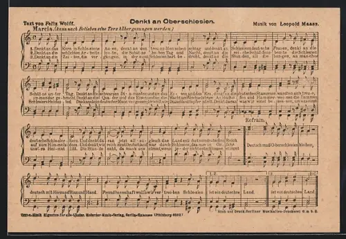 AK Oberschlesien, Notenblatt zum Lied Denkt an Oberschlesien