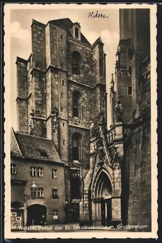 AK Neisse, Portal der St. Jakobuskirche mit Glockenturm