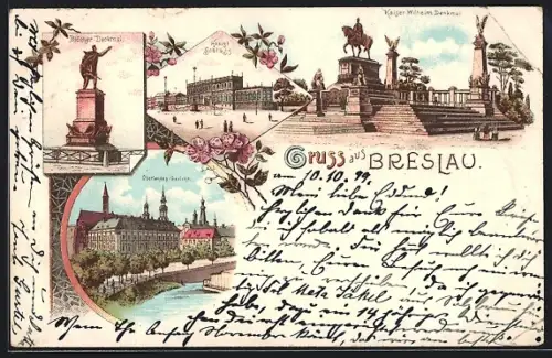 Lithographie Breslau, Kaiser Wilhelm-Denkmal, Blücher-Denkmal, Königliches Schloss, Oberlandes-Gericht