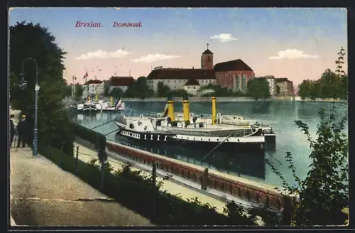 AK Breslau, Dominsel mit anliegenden Dampfern