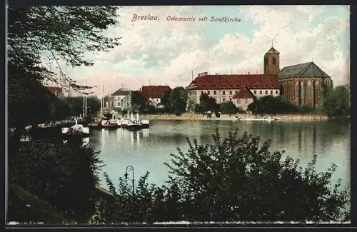 AK Breslau, Oderpartie mit Sandkirche, festgemachte Raddampfer