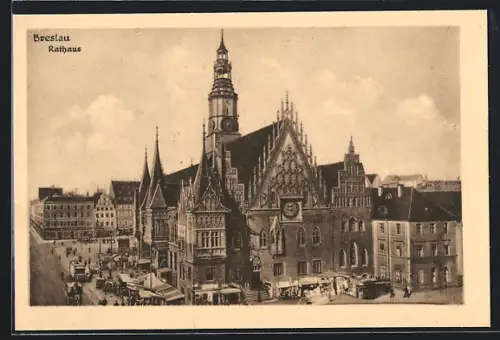 AK Breslau, Rathaus, Totalansicht, Strassenbahn