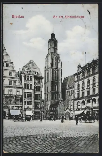 AK Breslau, An der Elisabethkirche, Trauer-Magazin August Benedix, Ausstattungshaus H. Puder & Co.