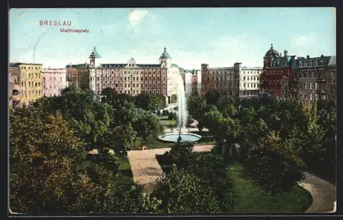 AK Breslau, Matthiasplatz mit Fontäne aus der Vogelschau