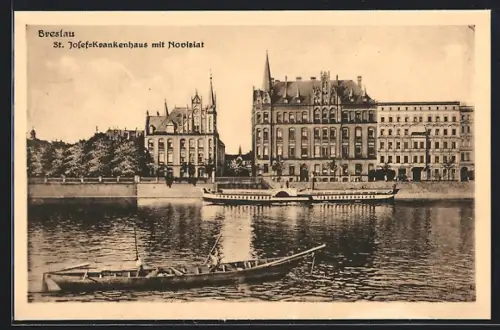 AK Breslau, St. Josef-Krankenhaus mit Noviziat, Raddampfer am Ufer