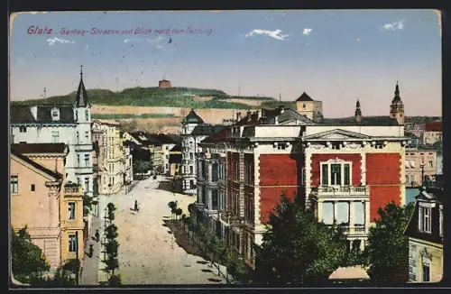 AK Glatz, Garten-Strasse und Blick nach der Festung aus der Vogelschau