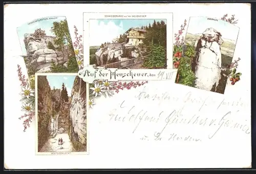 Lithographie Heuscheuer, Schweizerhaus, Grossvaterstuhl, Wolfsschlucht, Eberkopf