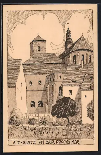 Künstler-AK Glatz, Alt-Glatz, An der Promenade