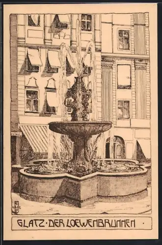 Künstler-AK Glatz, Der Loewenbrunnen