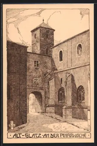 Künstler-AK Glatz, Partie an der Pfarrkirche