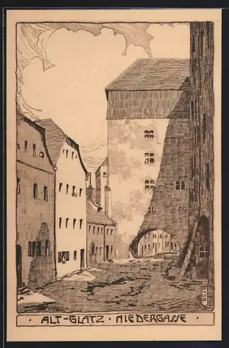Künstler-AK Glatz, Altstadt, Niedergasse